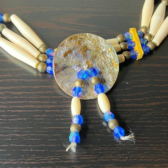 Vintage‎ Bone Hairpipe Bead Choker Necklace Blue Glass Brass Shell Disk Pendant - Picture 9 of 9